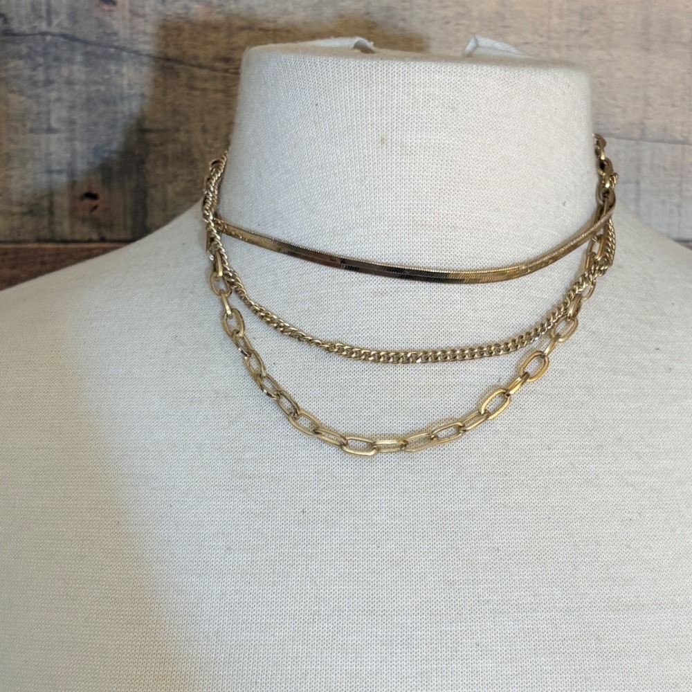 Gold Tone Layered Necklace Set Herringbone Curb Paperclip Chain
